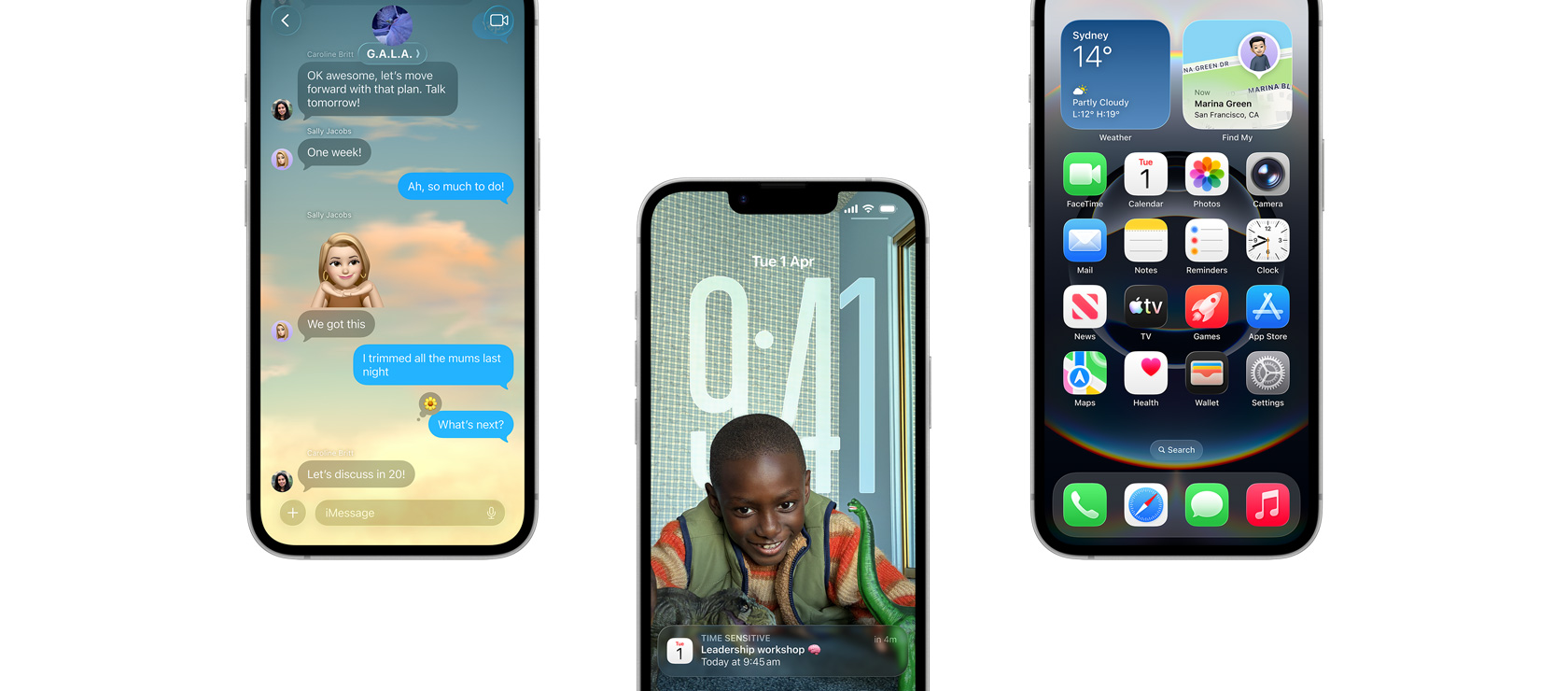 Three iPhone 16e devices, front exterior, partial view, iOS 26 features - iPhone screen showing Messages, Calendar pop-up on personalized Lock Screen, Home Screen with various apps displayed.