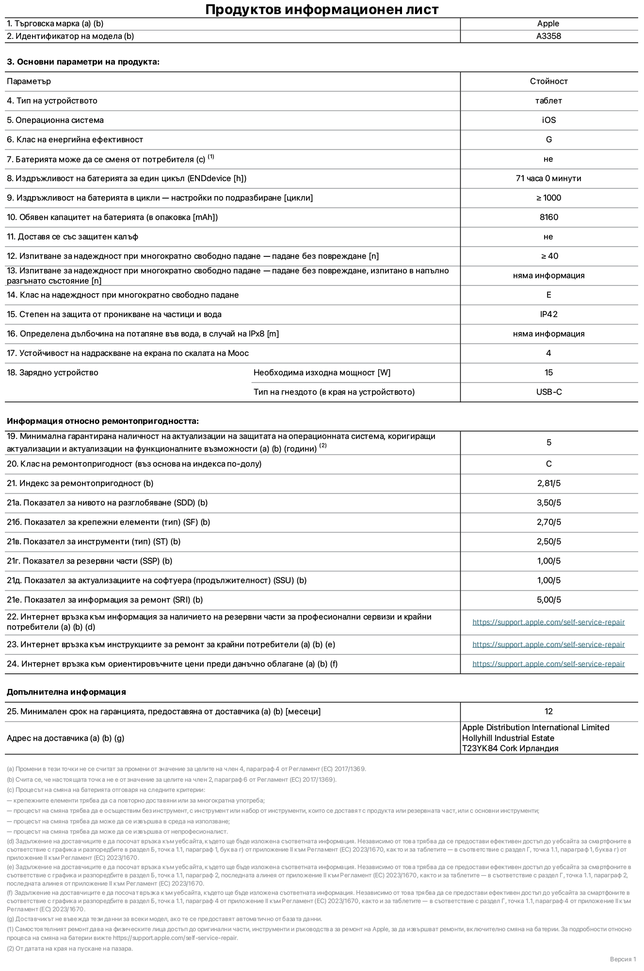 Продуктов информационен лист за 11-инчов iPad Pro M5 Wi-Fi + Cellular, модел A3358. Доставено от Apple Distribution International Limited, Hollyhill Industrial Estate. Корк, Ирландия, T23 YK84. Тип устройство: таблет. Операционна система: iOS. Клас на енергийна ефективност: G. Батерията може да се сменя от потребителя: не. Издръжливост на батерията за един цикъл: 71 часа. Издръжливост на батерията в цикли – настройки по подразбиране: повече или равно на 1000. Обявен капацитет на батерията: 8160 mAh. Доставя се със защитен калъф: не. Тест за надеждност при многократно свободно падане – падане без повреждане: по-голямо или равно на 40. Изпитване за надеждност при многократно свободно падане – падане без повреждане, тествано в напълно разгънато състояние: не е приложимо. Клас на надеждност при многократно свободно падане: Е. Степен на защита от проникване на частици и вода: IP42. Посочена дълбочина на потапяне във вода, в случай на iPx8: не е приложимо. Устойчивост на надраскване на екрана по скалата на твърдост на Моос: 4. Необходима изходна мощност на зарядното устройство: 15 вата. Тип на гнездото за зарядно устройство (в края на устройството): USB-C. Минимална гарантирана наличност на актуализации за сигурност на операционната система, коригиращи актуализации и актуализации на функционалността: 5 години. Клас на ремонтопригодност: C. Индекс на ремонтопригодност: 2,81/5. Показател за нивото на разглобяване (SDD): 3,50/5. Показател за крепежните елементи: 2,70/5. Показател за инструменти: 2,50/5. Показател за резервни части: 1,00/5. Показател за актуализации на софтуера: 1,00/5. Показател за информация за ремонт: 5,00/5. Уебвръзка към информация за наличността на резервни части за професионални сервизи и крайни потребители: https://support.apple.com/self-service-repair. Уебвръзка към инструкции за ремонт за крайни потребители: https://support.apple.com/self-service-repair. Уебвръзка към ориентировъчни цени преди данъци: https://support.apple.com/self-service-repair. Предлага се 12-месечна обща гаранция.