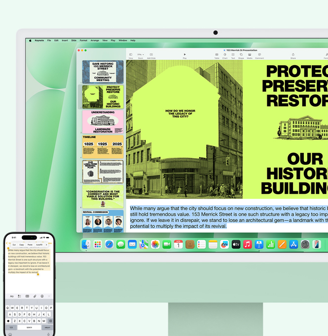 Um iMac verde e um iPhone lado a lado. Texto do app Notas do iPhone sendo copiado e colado no iMac