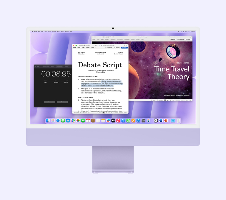 iMac roxo: a tela mostra os apps Microsoft Word, Microsoft PowerPoint e Relógio