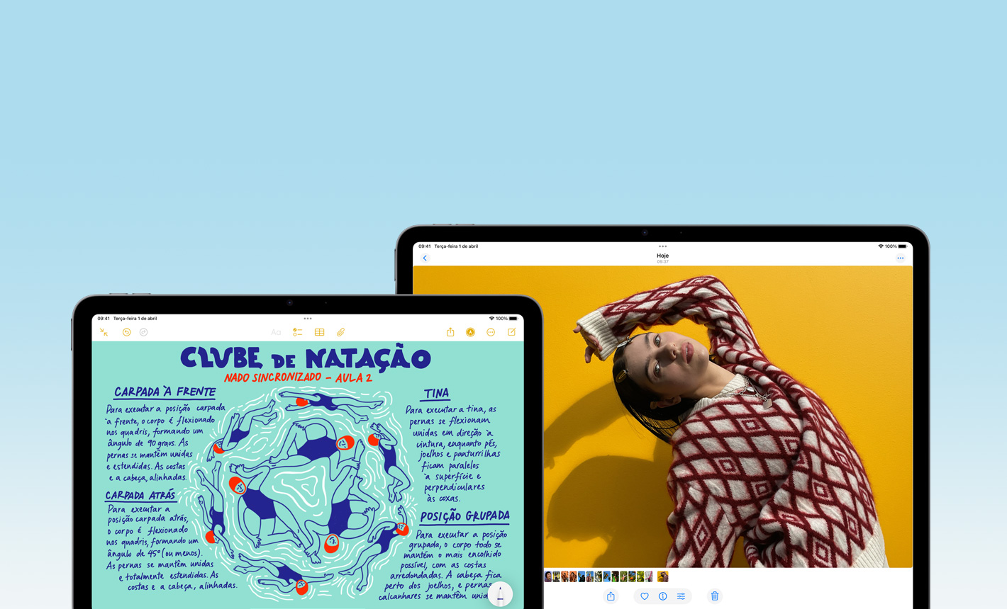 Parte da frente do iPad Air de 11 polegadas com o app Notas e do iPad Air de 13 polegadas com o app Fotos para destacar os diferentes tamanhos de tela.