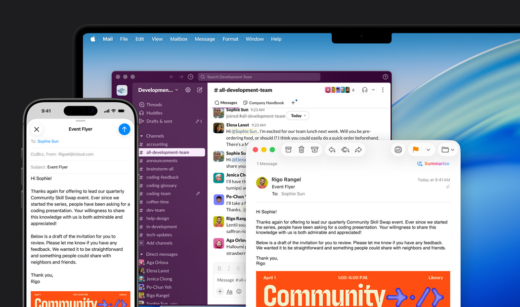 iPhone 16 Plus e MacBook Pro com o app Mail aberto mostrando o mesmo rascunho de e-mail nas duas telas