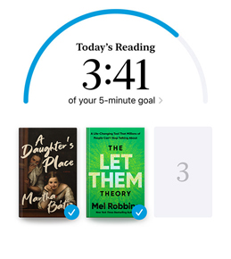 iPhone screen showing the Reading Goals interface in the Books app. At the top, there is a progress ring for a reading goal. Below the progress ring are three book covers. Beneath the book covers is text that one more book is needed to reach the 2024 goal of reading eight books.
