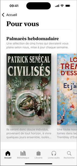 Écran d’un iPhone, affichant l’app Livres, avec la section Pour vous, et la sous-section Palmarès hebdomadaire