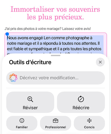 Outils d’écriture en cours d’utilisation avec les options Réviser et Réécrire ainsi que les styles familier, professionnel et concis