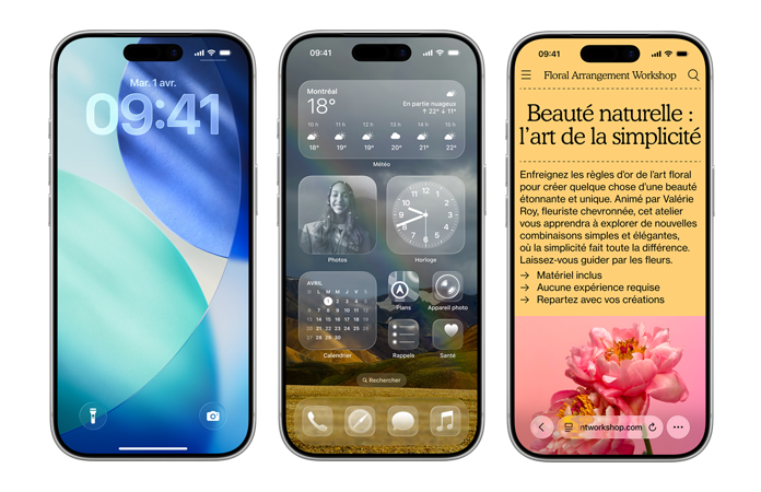 Appareils iPhone côte à côte montrant de nouveaux éléments de design dans iOS, comme l’écran verrouillé avec les chiffres de l’heure translucides en Liquid Glass et l’écran d’accueil avec des icônes d’apps transparentes en Liquid Glass
