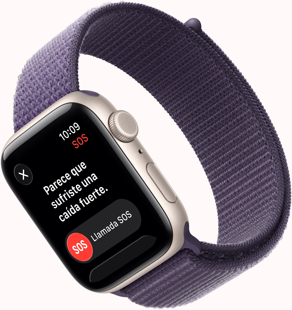 Apple Watch SE 3, caja de aluminio, blanco estelar, notificación de Detección de Caídas SOS, botones de llamada de emergencia y Estoy bien, parte lateral derecha, Digital Crown, micrófono, botón lateral, correa deportiva, morado niebla