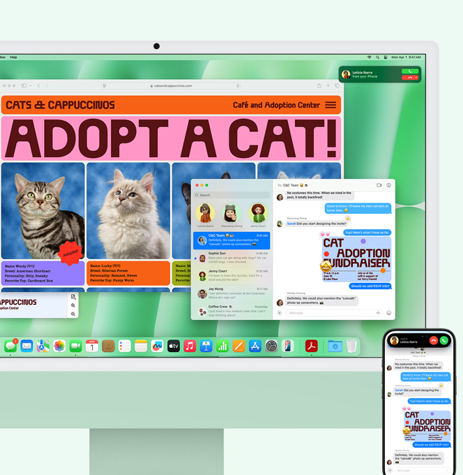 Un iMac verde junto a un iPhone. La pantalla de la iMac muestra la notificación de una llamada entrante del iPhone. Ambos dispositivos muestran la app Mensajes con la misma conversación