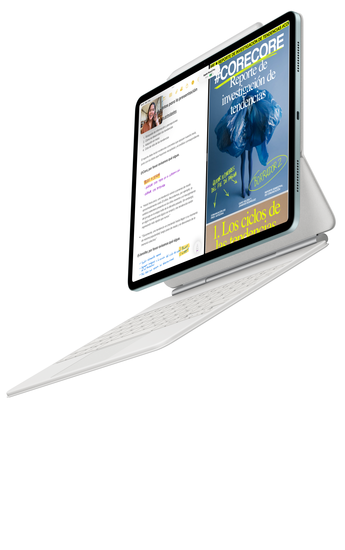 iPad Air conectado a un Magic Keyboard para el iPad Air y un Apple Pencil Pro