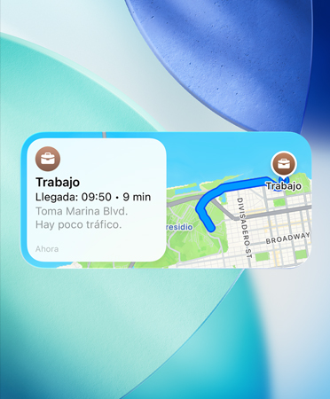 El widget de Mapas muestra el nuevo planificador de rutas preferidas, con información sobre el tránsito, la hora de llegada y la duración del viaje