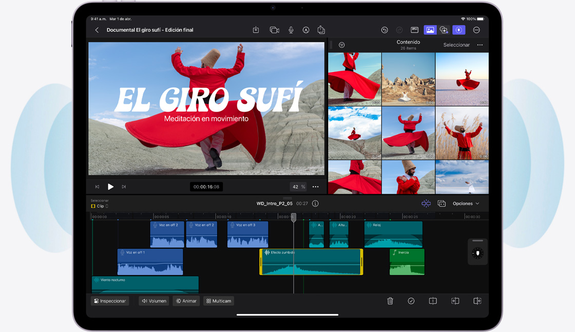iPad Air en posición horizontal, muestra una edición en Final Cut Pro
