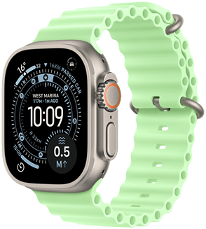 Apple Watch Ultra 3, natural color, titanium case, Orienteering watch face, complications: UV Index, Activity, Satellite, Compass, right side exterior, Digital Crown, microphone, side button, Ocean Band, neon green color