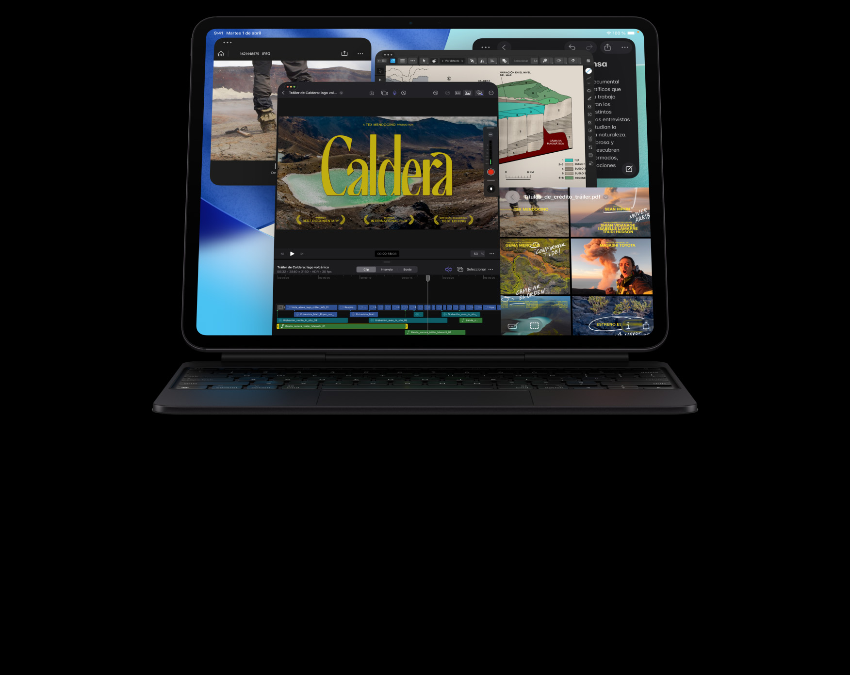 iPad Pro, parte delantera exterior, posición horizontal, color negro espacial, acoplado a un Magic Keyboard, negro espacial, pantalla con varias ventanas de apps: Final Cut Pro con diferentes prestaciones de edición de vídeo y la línea de tiempo, Mapas, Notas y clips multimedia