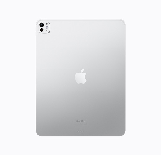 Un iPad Pro color argento mostrato da dietro, logo Apple lucido color argento