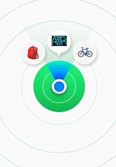 A MacBook desktop shows a full-size iPhone screen with various widgets. A browser window on the left displays a colourful background.