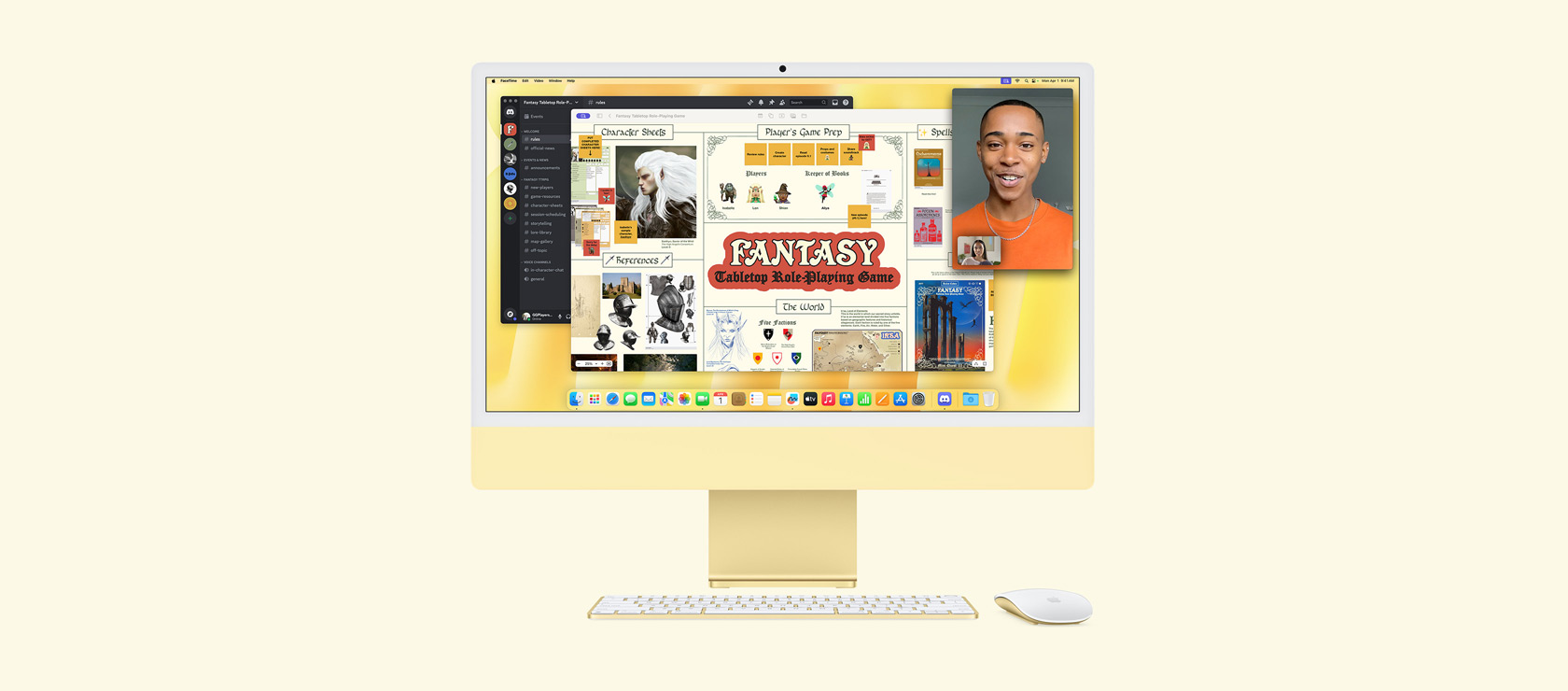 Gele iMac. Op het scherm zijn de apps Freeform, Discord en FaceTime te zien die worden gebruikt voor een rollenspel.