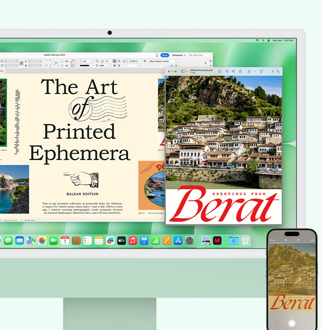 Groene iMac en iPhone naast elkaar. Een document dat wordt gescand op een iPhone, wordt weergegeven op het scherm van een iMac.