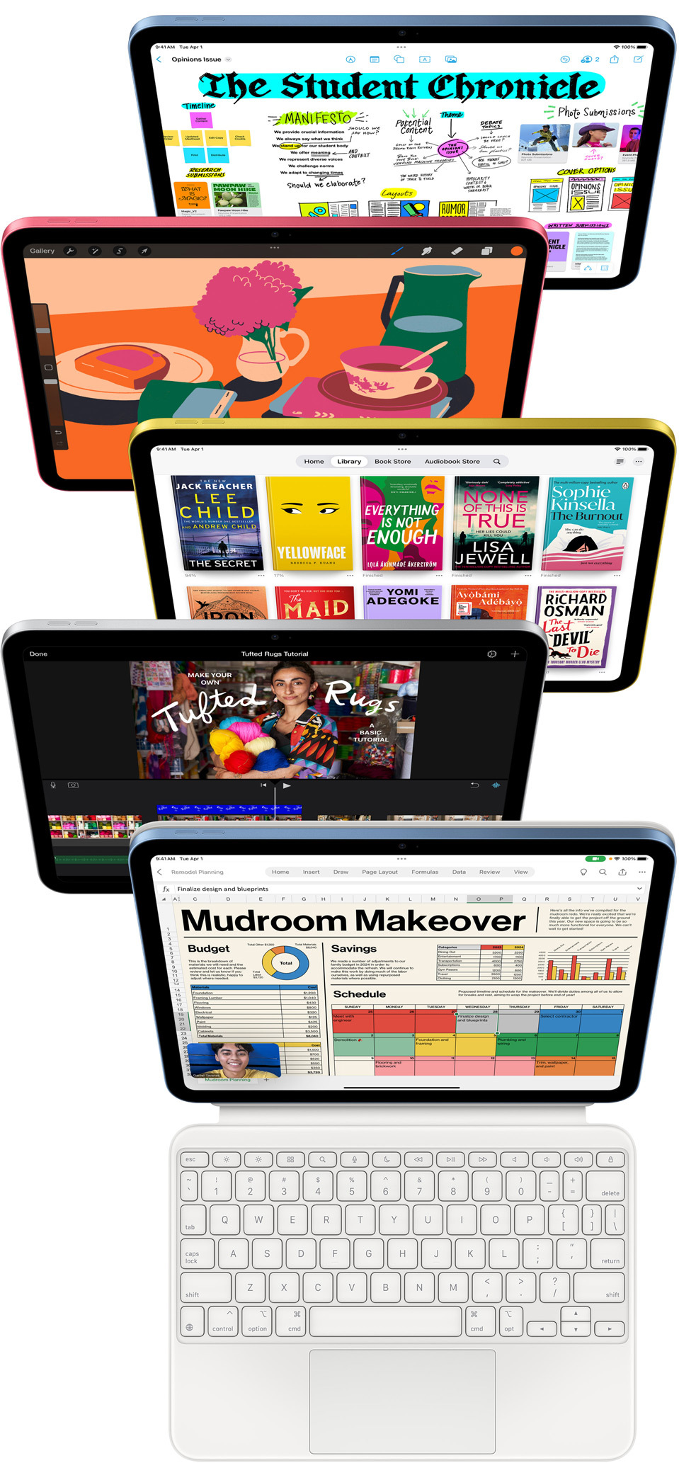 Vorderansicht von iPad Displays, die mehrere verschiedene Apps anzeigen, darunter Freeform, ProCreate, Bücher, iMovie und Microsoft Excel mit Webex Meetings.