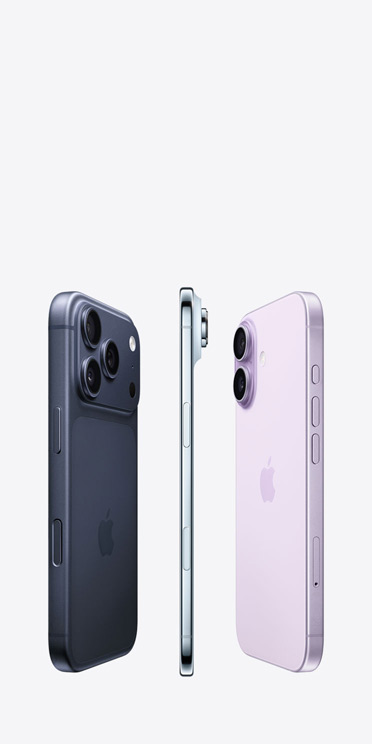 iPhone 17 Pro, taustapuoli, Pro Fusion ‑kamerajärjestelmä koko yläosassa, iPhone Air, erittäin ohut titaaninen sivupinta, iPhone 17, taustapuoli, edistyksellinen kaksoiskamerajärjestelmä vasemmassa yläkulmassa