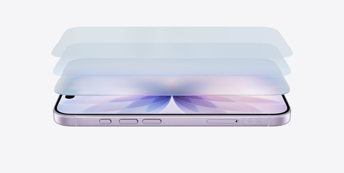 Laventelinvärinen iPhone 17 kyljellään vaakatasossa, Ceramic Shield 2 näkyy kolmena eri kerroksena