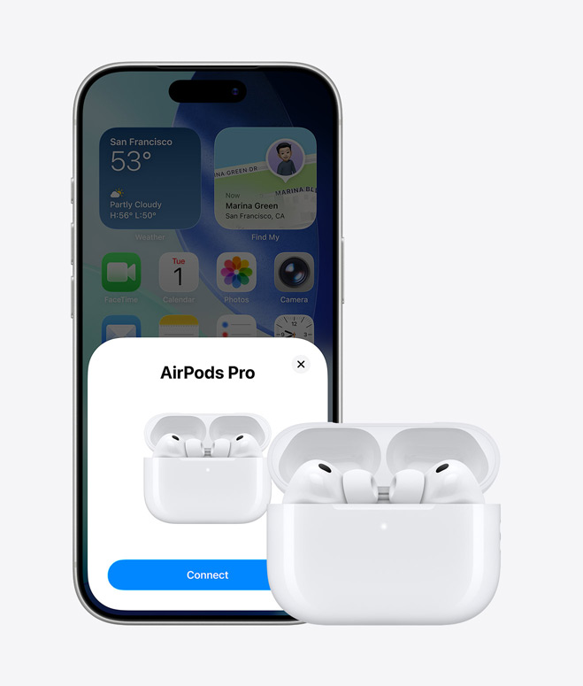 iPhone, etupuoli, AirPods-yhteyden ponnahdusikkuna näytöllä, AirPods-kuulokkeet avonaisessa kotelossa iPhonen vieressä