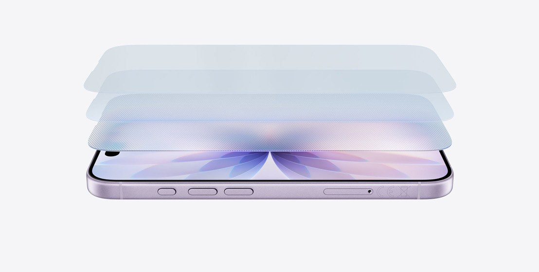 Laventelinvärinen iPhone 17 kyljellään vaakatasossa, Ceramic Shield 2 näkyy kolmena eri kerroksena