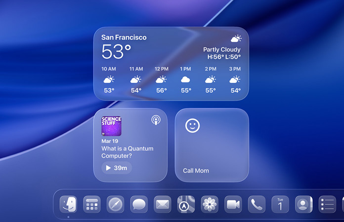 macOS Tahoe con i widget Meteo, Podcast e Promemoria in versione Liquid Glass