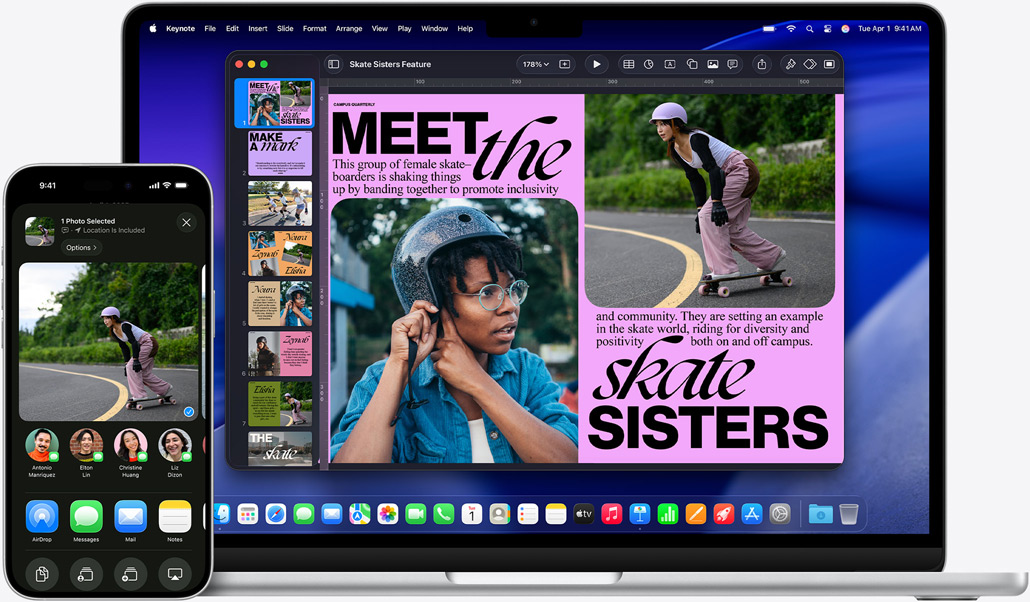 Un iPhone 16 Plus avec l’app Photos ouverte, un MacBook Air 13 pouces avec une diapo Keynote ouverte, la photo qui apparaît sur l’iPhone est aussi visible sur la diapo