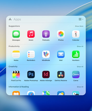 Spotlight browsing menu showing apps with category filters: Utilities, Social, Productivity and Finance, Entertainment, and Information and Reading