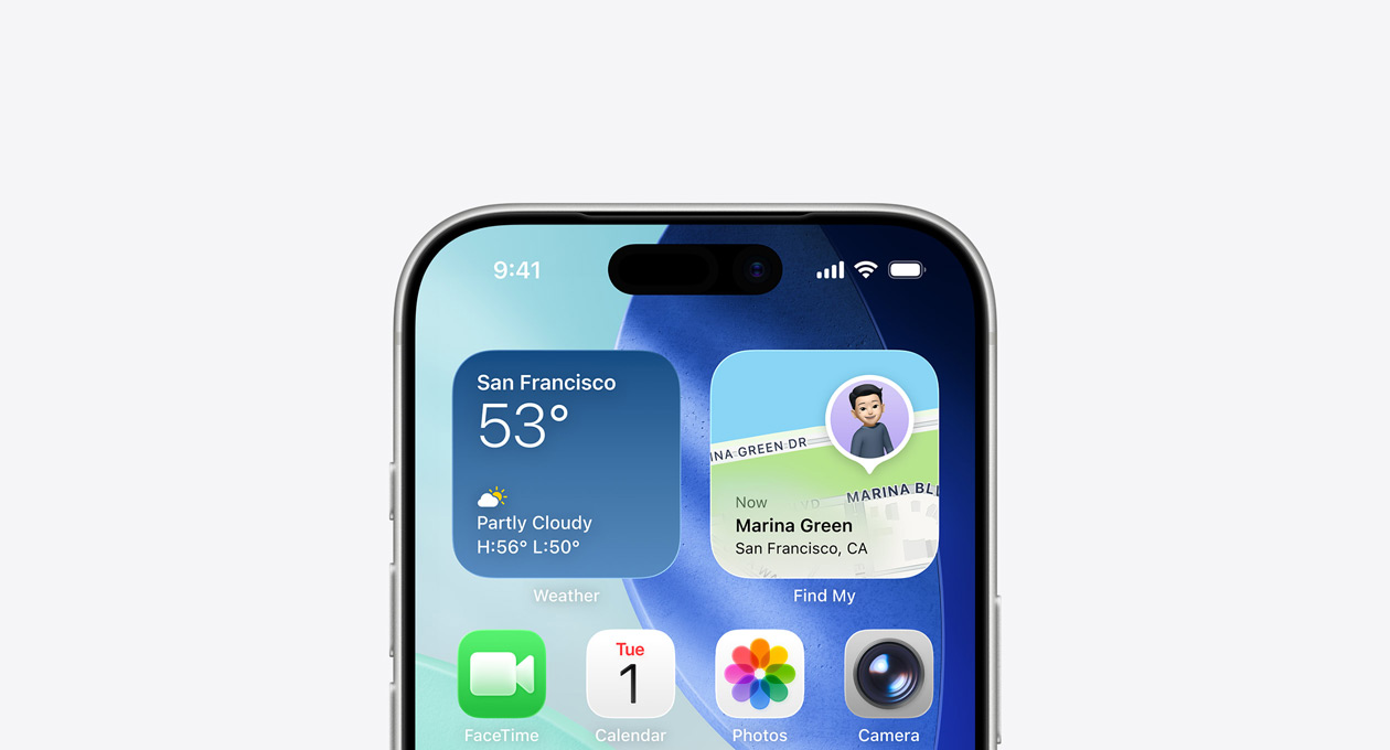 Ein iPhone, der obere Bereich des Displays zeigt den Homescreen mit den Widgets «Wetter» und «Wo ist?» in der oberen Reihe