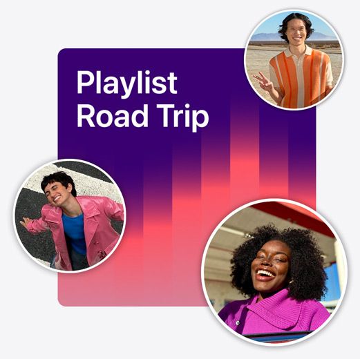 Couverture d’une playlist collaborative intitulée « Playlist Road Trip » avec des photos de profil de différentes personnes abonnées