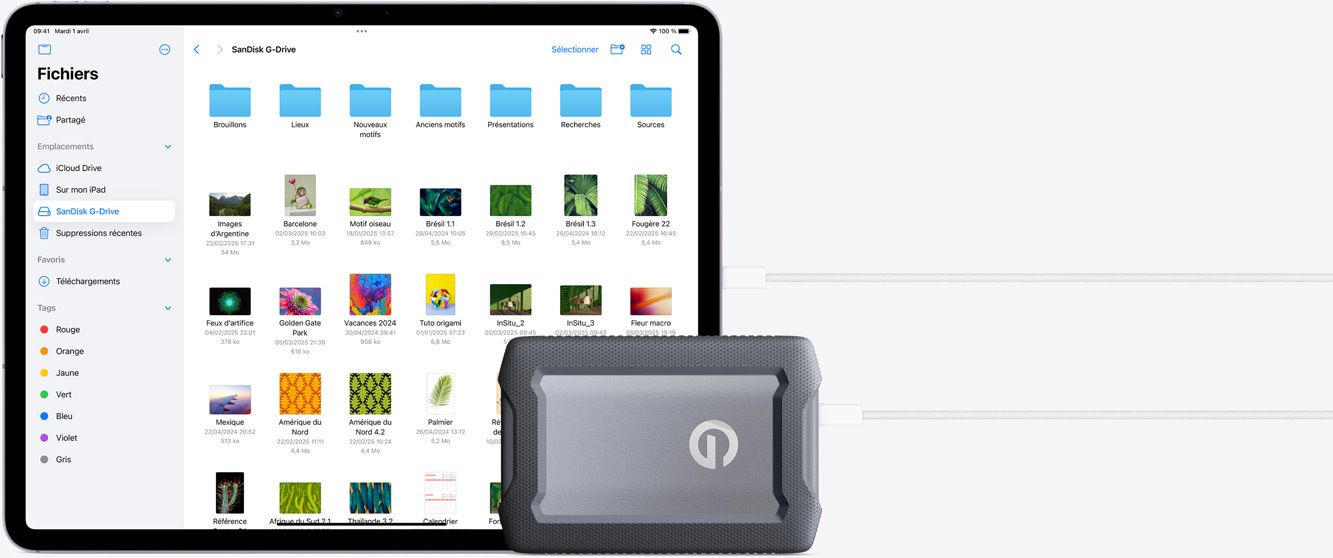 iPad Air connecté à un disque dur externe