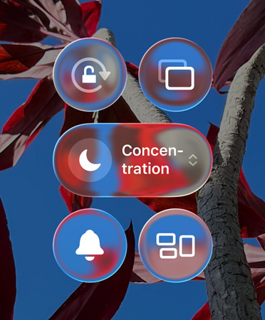 Commandes translucides, comme l’orientation portrait, la recopie de l'écran, Concentration, etc.