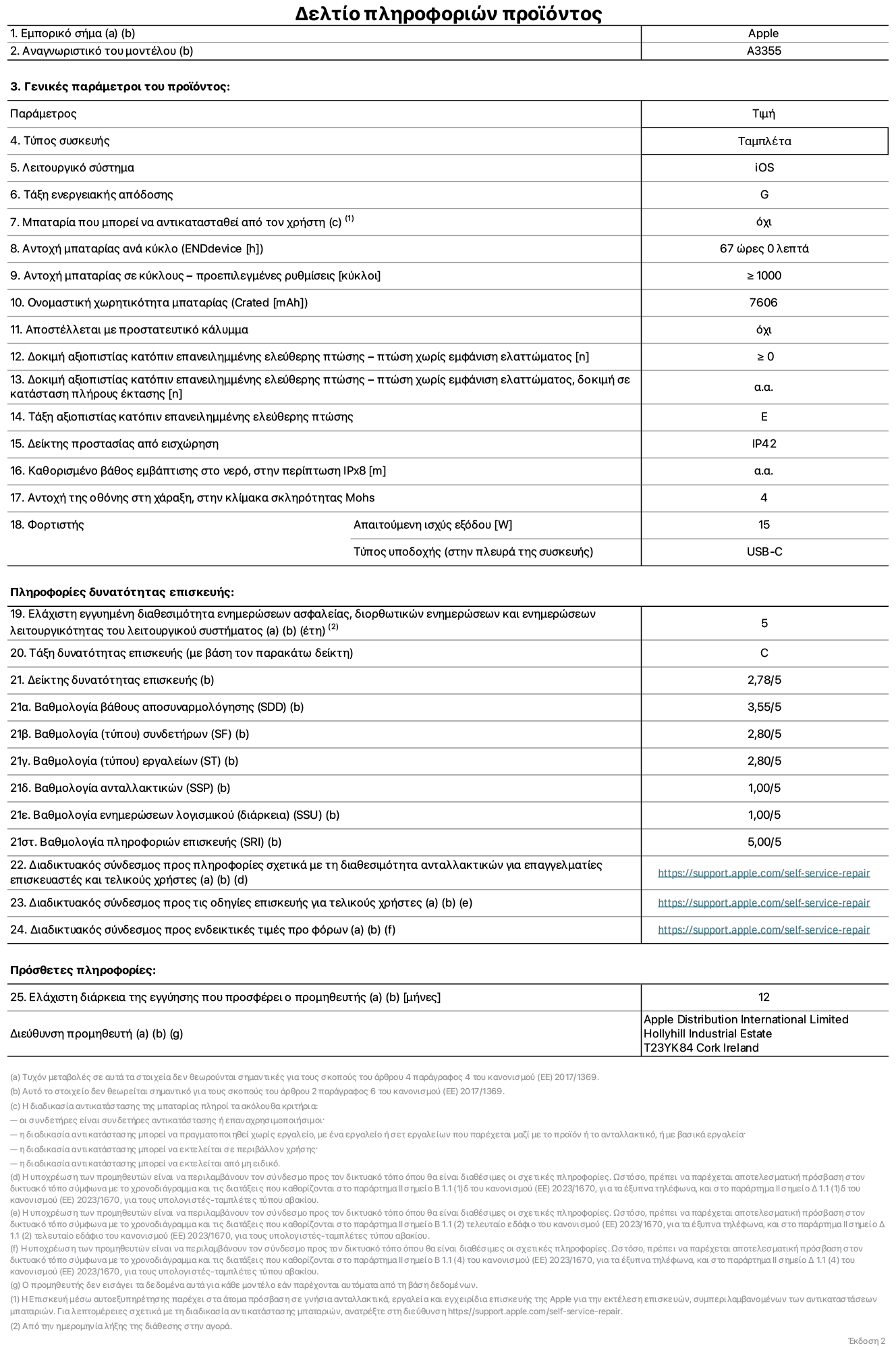 Φύλλο πληροφοριών προϊόντος για το iPad Wi-Fi + Cellular, μοντέλο A3355. Παρέχεται από την Apple Distribution International Limited, Hollyhill Industrial Estate. Cork, Ιρλανδία, T23 YK84. Τύπος συσκευής: τάμπλετ. Λειτουργικό σύστημα: iOS. Τάξη ενεργειακής απόδοσης: G. Δυνατότητα αντικατάστασης μπαταρίας από τον χρήστη: όχι. Αντοχή μπαταρίας: 67 ώρες. Αντοχή μπαταρίας σε κύκλους: ≥ 1000. Ονομαστική χωρητικότητα μπαταρίας: 7606 mAh. Δοκιμή αξιοπιστίας κατόπιν επανειλημμένης ελεύθερης πτώσης, πτώσεις χωρίς βλάβη: ≥ 0. Τάξη αξιοπιστίας κατόπιν επανειλημμένης ελεύθερης πτώσης: E. Αξιολόγηση προστασίας από εισχώρηση: IP42. Ανθεκτικότητα οθόνης στις γρατζουνιές στην κλίμακα σκληρότητας Mohs: 4. Απαιτούμενη ισχύς εξόδου φορτιστή: 15 W. Τύπος υποδοχής ηλεκτρικού ρεύματος φορτιστή: USB-C. Ελάχιστη εγγυημένη διαθεσιμότητα ενημερώσεων ασφαλείας, διορθωτικών ενημερώσεων και ενημερώσεων λειτουργικότητας λειτουργικού συστήματος: 5 έτη. Τάξη επιδιορθωσιμότητας: C. Δείκτης επιδιορθωσιμότητας: 2,78/5. Βαθμολογία βάθους αποσυναρμολόγησης: 3,55/5. Βαθμολογία συνδετήρων: 2,80/5. Βαθμολογία εργαλείων: 2,80/5. Βαθμολογία ανταλλακτικών: 1,00/5. Βαθμολογία ενημερώσεων λογισμικού: 1,00/5. Βαθμολογία πληροφοριών επιδιόρθωσης: 5,00/5. Διαδικτυακός σύνδεσμος με πληροφορίες για τη διαθεσιμότητα ανταλλακτικών για επαγγελματίες τεχνικούς και τελικούς χρήστες: https://support.apple.com/self-service-repair. Διαδικτυακός σύνδεσμος με πληροφορίες επιδιόρθωσης για τελικούς χρήστες: https://support.apple.com/self-service-repair. Διαδικτυακός σύνδεσμος με ενδεικτικές τιμές προ φόρου: https://support.apple.com/self-service-repair. Προσφέρεται 12μηνη γενική εγγύηση.