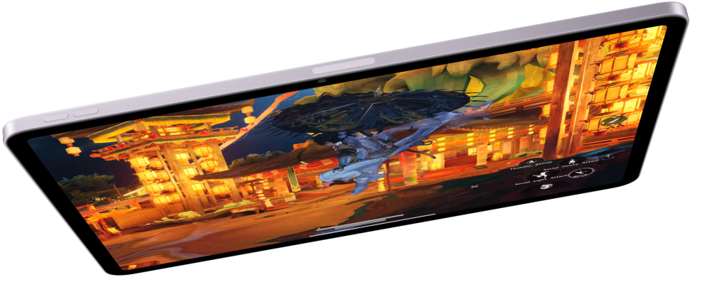 iPad Air in landscape orientation and displaying a video game, two other iPad Air models below