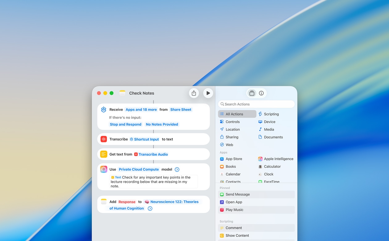 Közeli kép arról, ahogyan egy felhasználó parancsot hoz létre a Modell használata művelettel a Jegyzetek appban