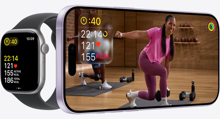 Apple Fitness+ app on an iPhone showing a workout with synchronised exercise metrics displayed on an Apple Watch