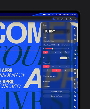 MacBook Pro 16″ screen, image of poster for Comedy Tour, custom type tool