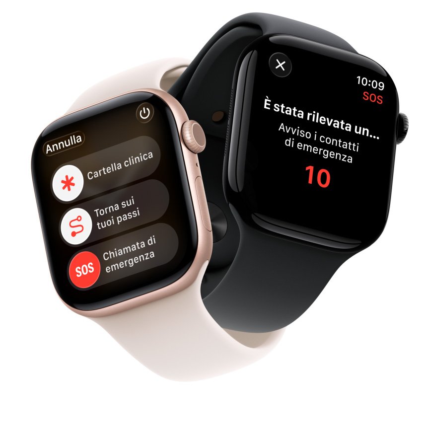 Dispositivi Apple Watch Series 11, casse in alluminio color oro rosa e Jet Black lucido, funzioni di sicurezza sullo schermo: Cartella clinica, Torna sui tuoi passi, Chiamata di emergenza, cinturini Sport rosa fard e nero