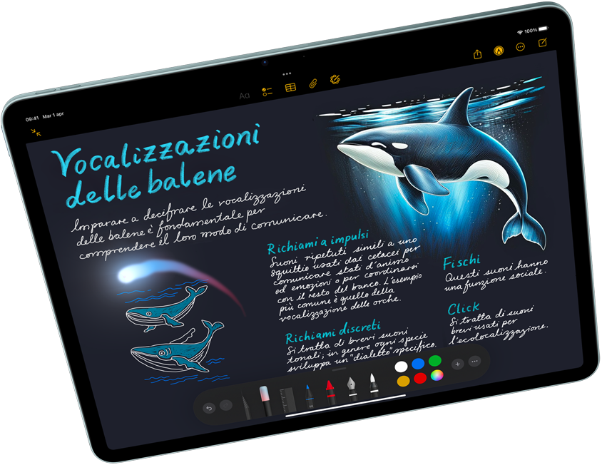 Un iPad Air in orizzontale con accanto una Apple Pencil Pro; lo schermo mostra Apple Intelligence con Image Playground e Keynote
