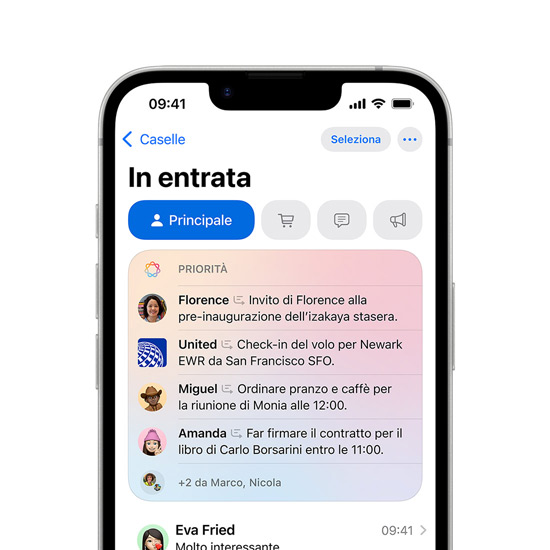 Un iPhone 16e che mostra i messaggi con priorità in Mail.