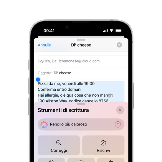 Un iPhone 16e che mostra una schermata con le funzioni degli Strumenti di scrittura di Apple Intelligence.