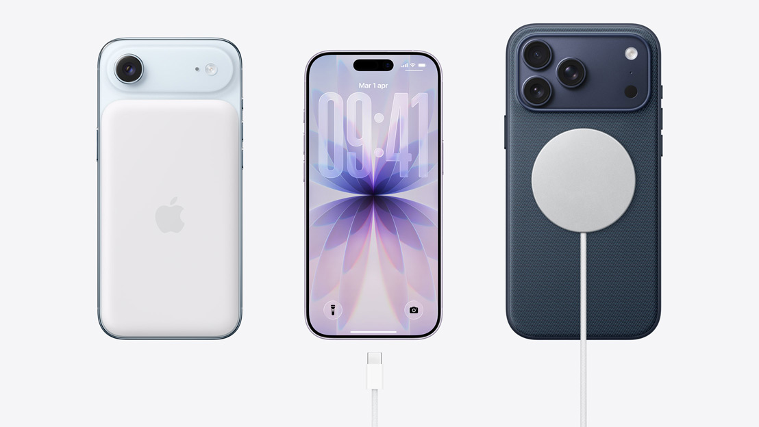 Tre iPhone affiancati. iPhone Air mostrato da dietro con batteria MagSafe agganciata. iPhone 17 mostrato di fronte, con design all screen, cavo di ricarica USB-C vicino alla porta di ricarica. iPhone 17 Pro mostrato da dietro con caricabatterie MagSafe agganciato.
