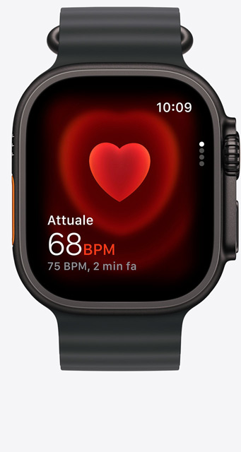 Apple Watch Ultra 3, cassa in titanio nero, app Battito, battiti attuali al minuto, cinturino Ocean nero
