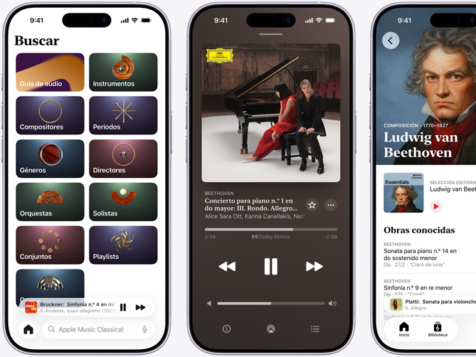 Un iPhone a la izquierda muestra la pestaña Explorar de Apple Music Classical con la pestaña Catálogo seleccionada con las categorías Compositores, Periodos, Géneros, Directores, Orquestas, Solistas, Conjuntos y Coros. Un iPhone en el medio muestra el concierto para piano n.º 1 en do mayor, Op. 15: III. Rondo. Allegro scherzando de Beethoven reproduciéndose en Dolby Atmos. Un iPhone a la derecha muestra la página de Ludwig van Beethoven en la categoría Compositor