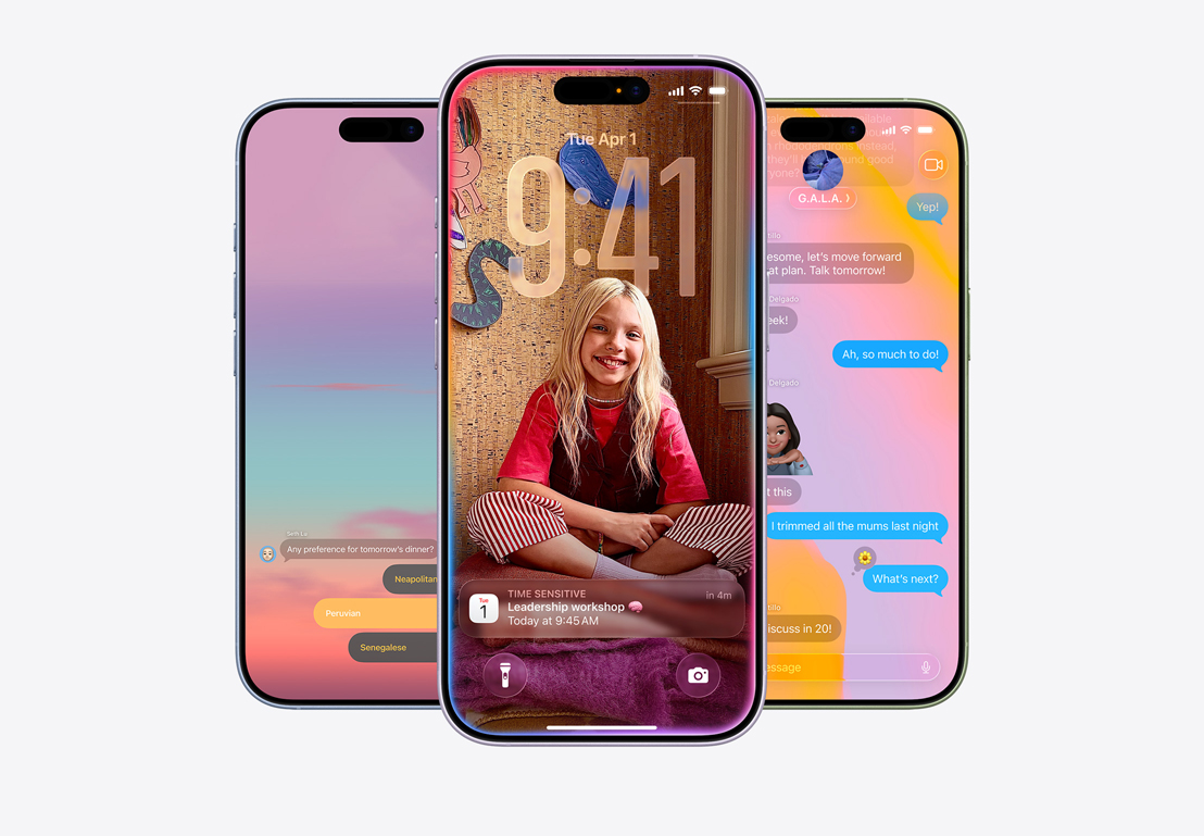 iPhone screen showing call screening pop-up, iPhone screen showing Calendar pop-up on personalized background with photo of a child, iPhone screen showing Messages with Liquid Glass design