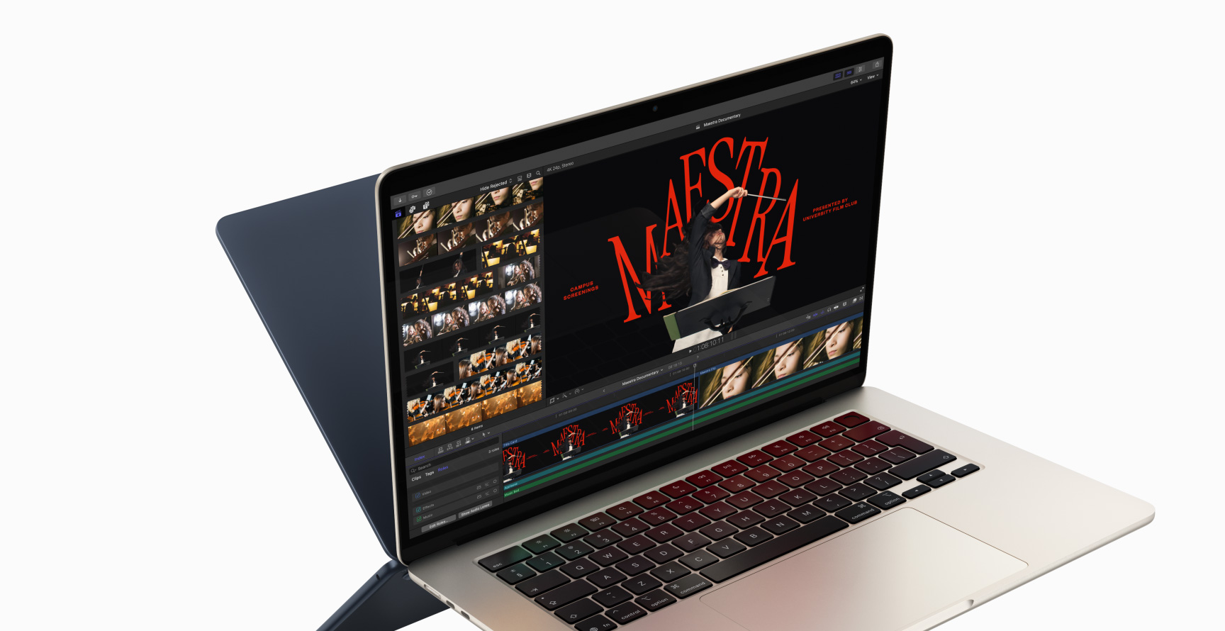 MacBook Air showing video editing in Final Cut Pro to demonstrate M4 chip capabilities — the back of a second MacBook Air appears behind the first, looking like a mirror image