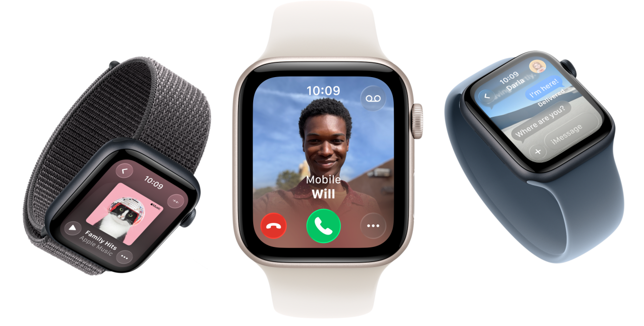 Apple Watch SE 3, boîtiers en aluminium, lumière stellaire et minuit, Boucle unique tressée, curcuma, Boucle Solo, jaune fluo, Boucle Sport, gris foncé, écrans : Apple Pay, Centre de contrôle, Apple Music