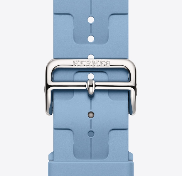 Apple Watch Hermès Series 11 Kilim band, bleu pastel color, Hermès logo engraved on silver buckle