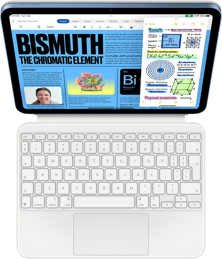 iPad attached to Magic Keyboard Folio, screen displaying Slide over with Microsoft Word and Notes, FaceTime call is happening simultaneously.